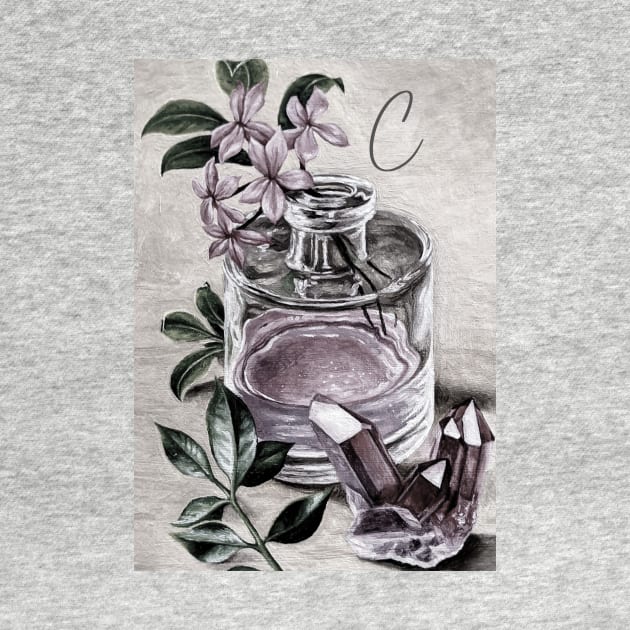 'C' vintage print perfume & rose quartz - personalized by LukjanovArt